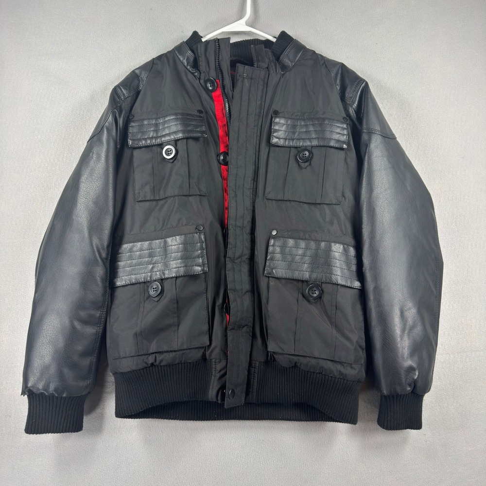 Yoki New York Mens Mixed Media Bomber Jacket Black Faux Leather Sleeves Medium